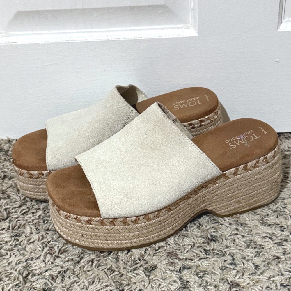 TOMS Marisol Birch White Suede Espadrille Platform Wedge Sandals 8.5 10020747